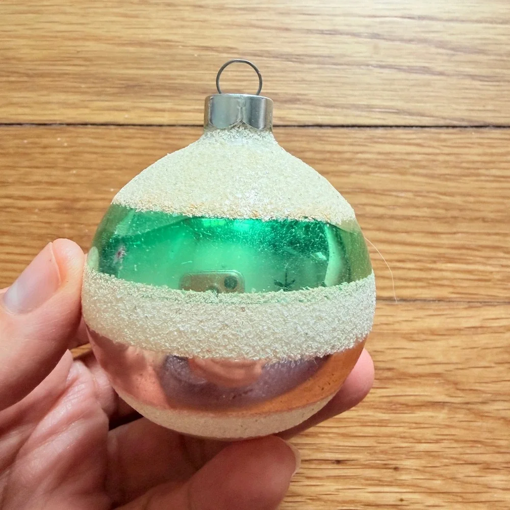 George Franke Pair Christmas Ornaments Pink Green Striped Mica USA MCM 1950's